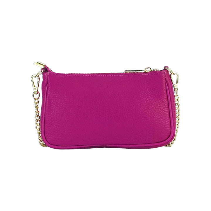 RB1022BE | Small bag in genuine leather Made in Italy with removable chain shoulder strap. Zipper closure and shiny gold metal accessories - Fuchsia color - Dimensions: 20 x 12 x 6 cm-4
