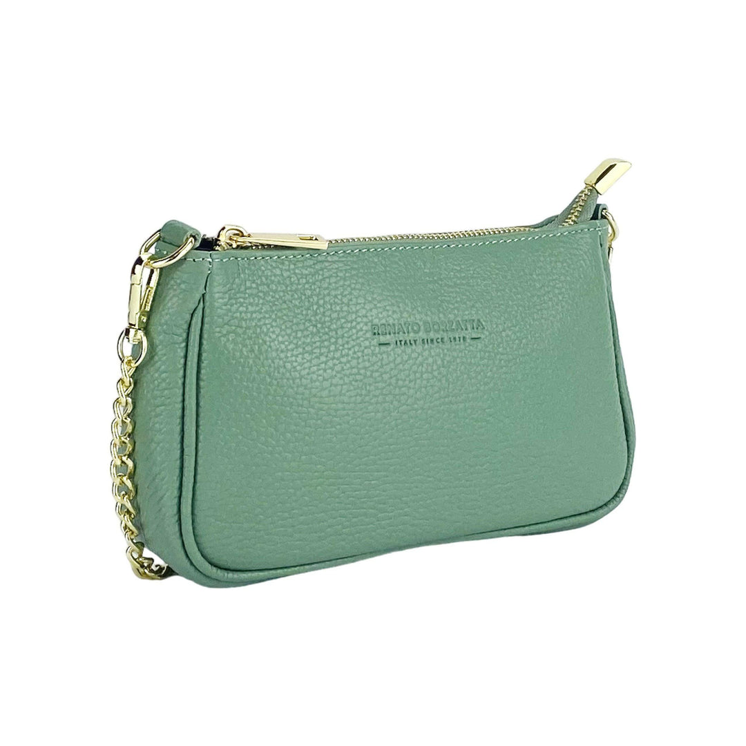 RB1022BF | Small bag in genuine leather Made in Italy with removable chain shoulder strap. Zipper closure and shiny gold metal accessories - Mint color - Dimensions: 20 x 12 x 6 cm-Shangri-La Fashion