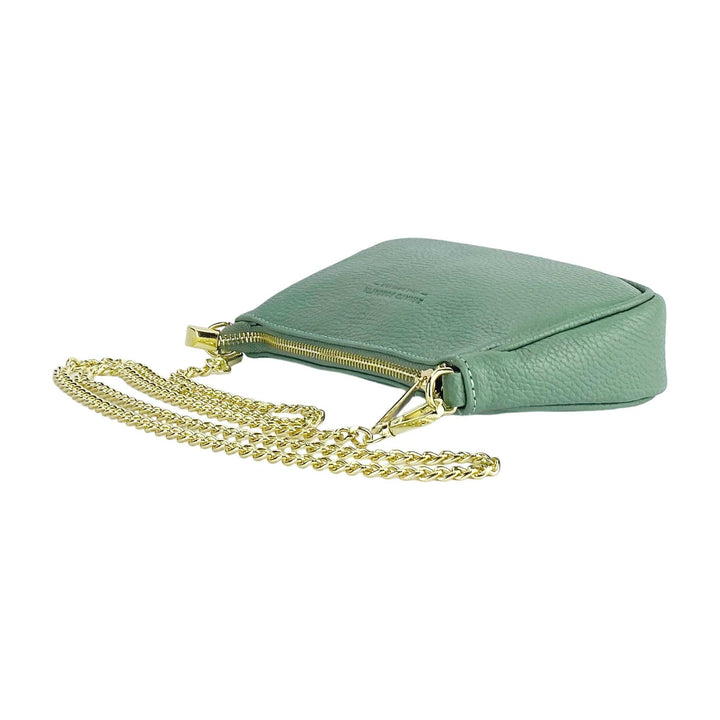 RB1022BF | Small bag in genuine leather Made in Italy with removable chain shoulder strap. Zipper closure and shiny gold metal accessories - Mint color - Dimensions: 20 x 12 x 6 cm-Shangri-La Fashion