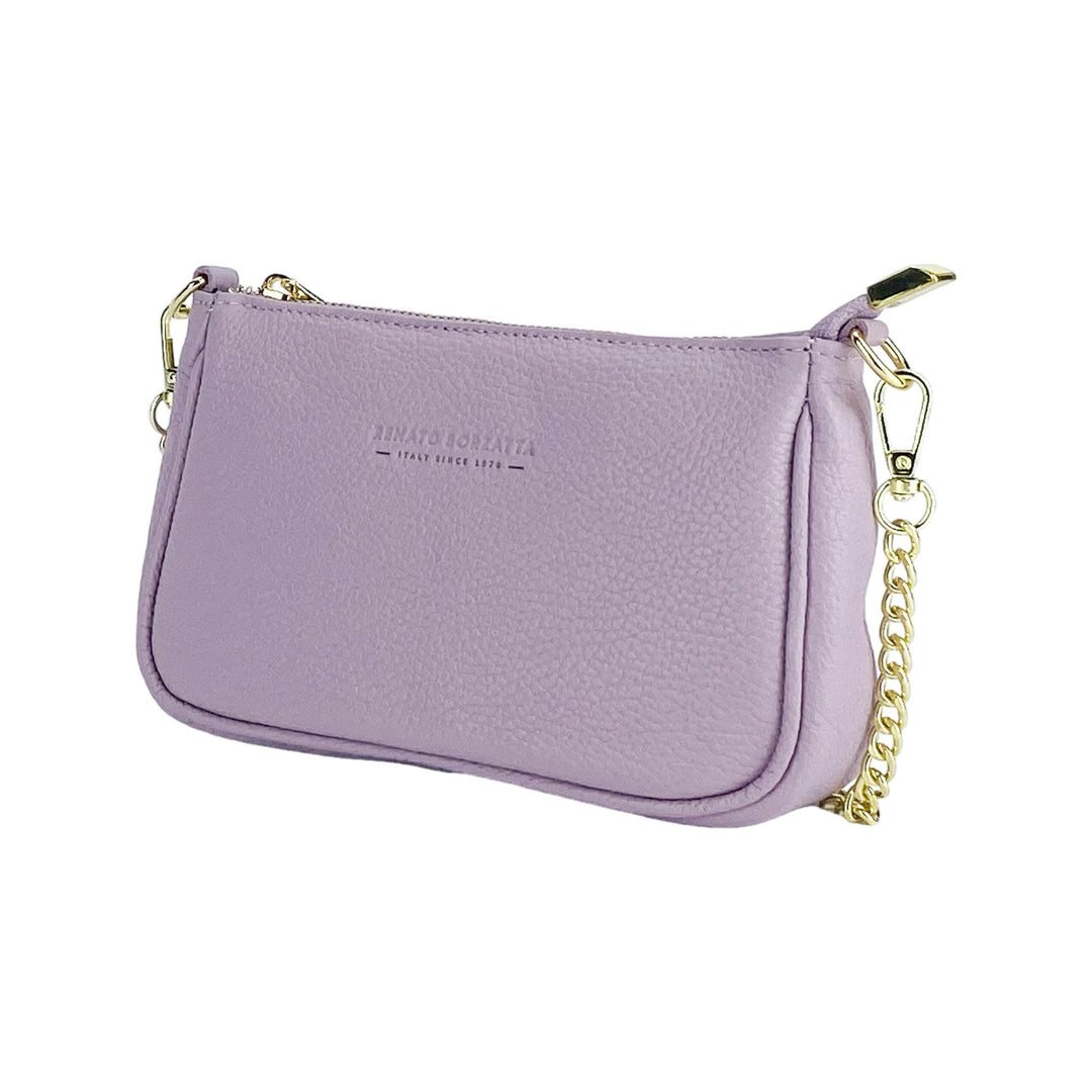 RB1022CI | Small bag in genuine leather Made in Italy with removable chain shoulder strap. Zipper closure and shiny gold metal accessories - Lilac color - Dimensions: 20 x 12 x 6 cm-0