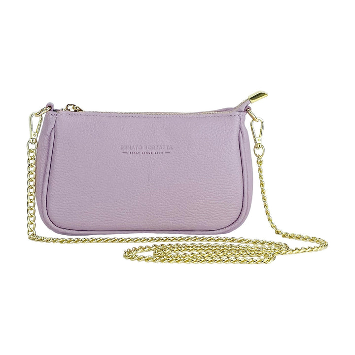RB1022CI | Small bag in genuine leather Made in Italy with removable chain shoulder strap. Zipper closure and shiny gold metal accessories - Lilac color - Dimensions: 20 x 12 x 6 cm-1