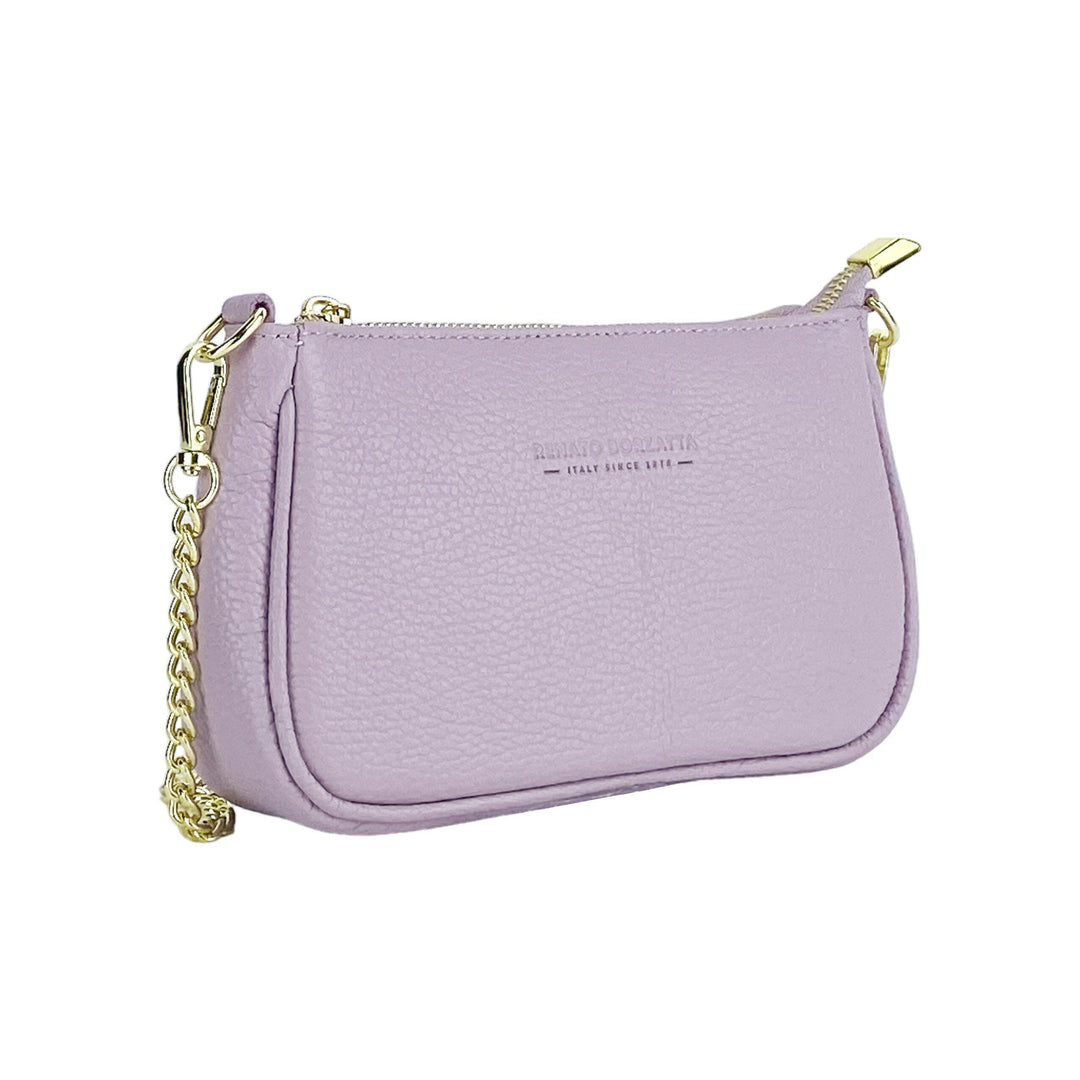 RB1022CI | Small bag in genuine leather Made in Italy with removable chain shoulder strap. Zipper closure and shiny gold metal accessories - Lilac color - Dimensions: 20 x 12 x 6 cm-2