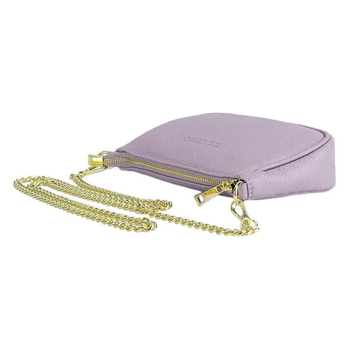 RB1022CI | Small bag in genuine leather Made in Italy with removable chain shoulder strap. Zipper closure and shiny gold metal accessories - Lilac color - Dimensions: 20 x 12 x 6 cm-3