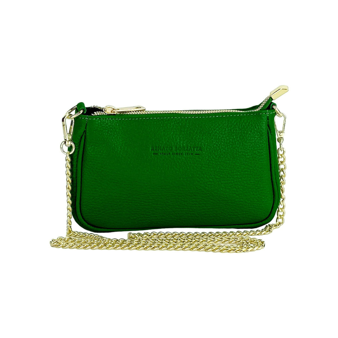 RB1022E | Small bag in genuine leather Made in Italy with removable chain shoulder strap. Zipper closure and shiny gold metal accessories - Green color - Dimensions: 20 x 12 x 6 cm-Shangri-La Fashion