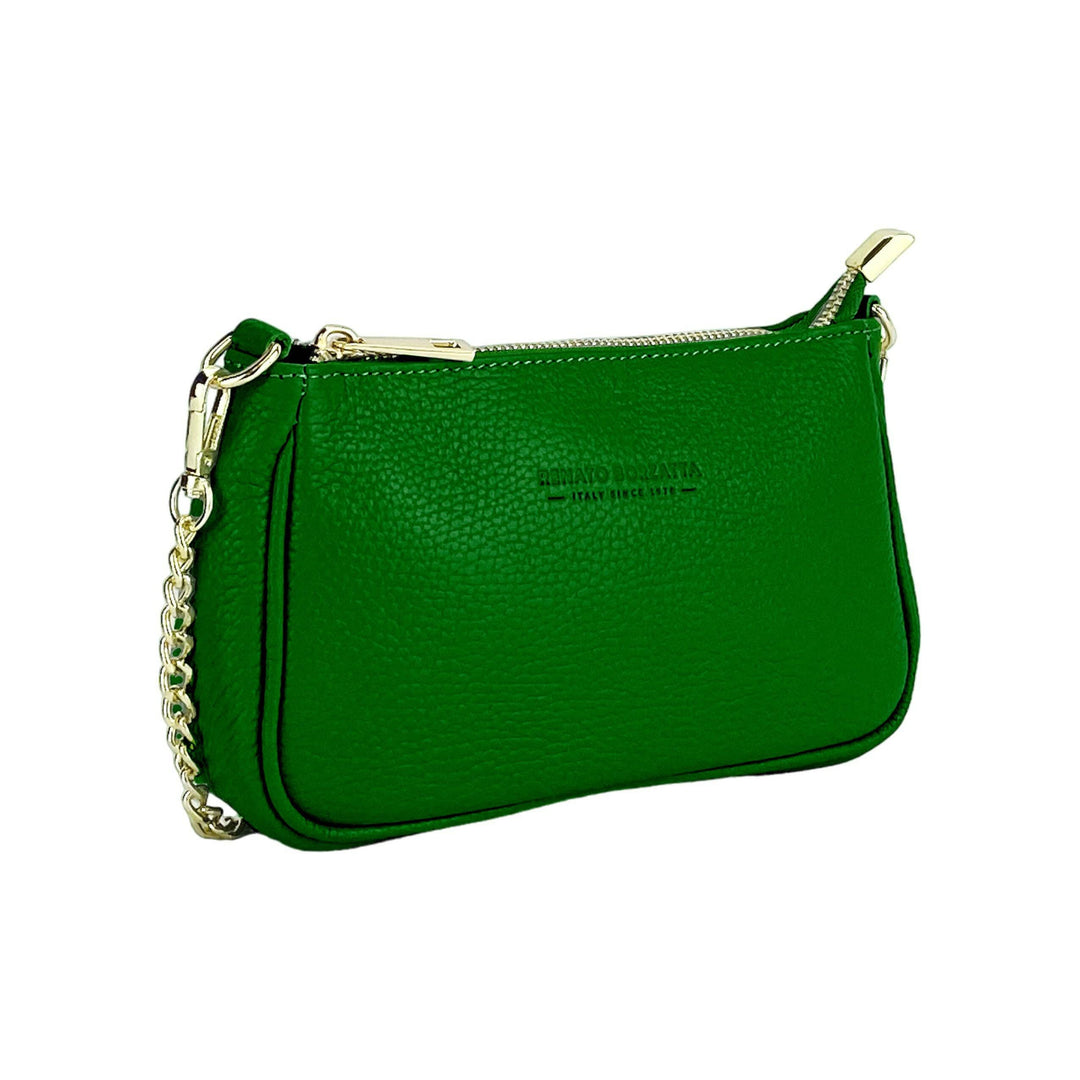 RB1022E | Small bag in genuine leather Made in Italy with removable chain shoulder strap. Zipper closure and shiny gold metal accessories - Green color - Dimensions: 20 x 12 x 6 cm-Shangri-La Fashion