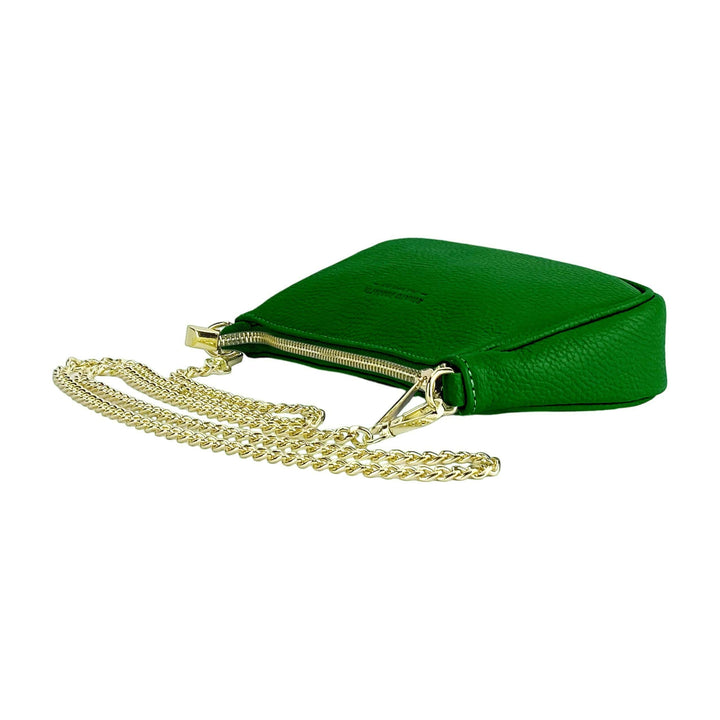 RB1022E | Small bag in genuine leather Made in Italy with removable chain shoulder strap. Zipper closure and shiny gold metal accessories - Green color - Dimensions: 20 x 12 x 6 cm-Shangri-La Fashion