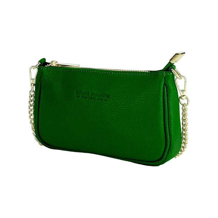 RB1022E | Small bag in genuine leather Made in Italy with removable chain shoulder strap. Zipper closure and shiny gold metal accessories - Green color - Dimensions: 20 x 12 x 6 cm-Shangri-La Fashion