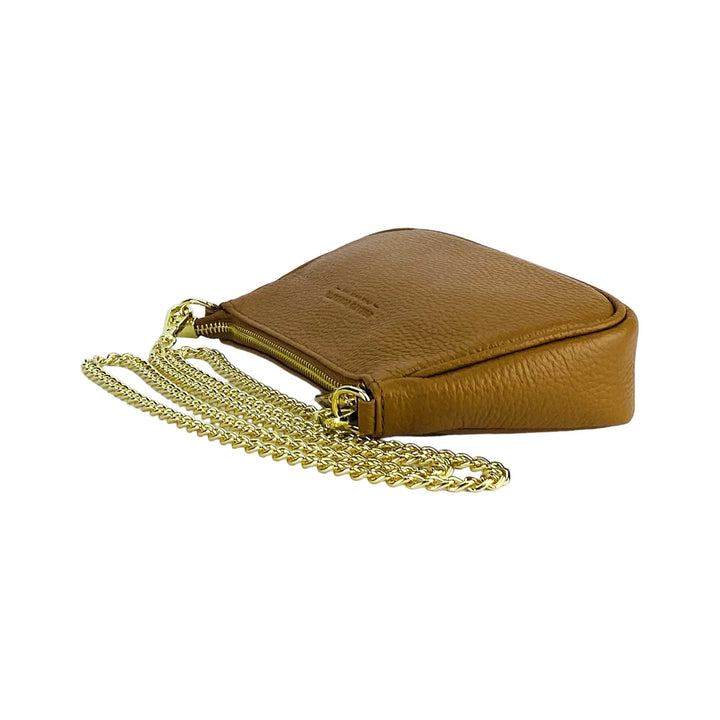 RB1022S | Small bag in genuine leather Made in Italy with removable chain shoulder strap. Zipper closure and shiny gold metal accessories - Cognac color - Dimensions: 20 x 12 x 6 cm-3