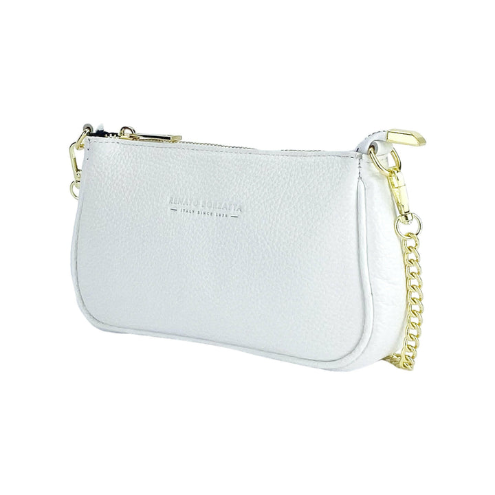 RB1022W | Small bag in genuine leather Made in Italy with removable chain shoulder strap. Zipper closure and accessories in shiny gold metal - White color - Dimensions: 20 x 12 x 6 cm-0