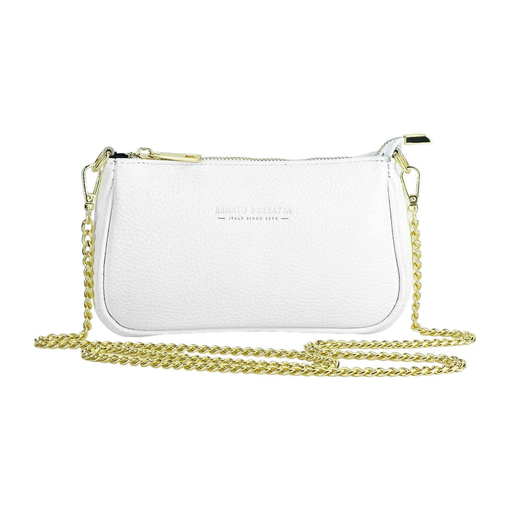 RB1022W | Small bag in genuine leather Made in Italy with removable chain shoulder strap. Zipper closure and accessories in shiny gold metal - White color - Dimensions: 20 x 12 x 6 cm-1
