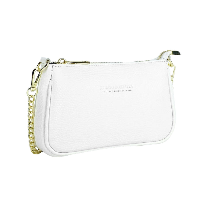 RB1022W | Small bag in genuine leather Made in Italy with removable chain shoulder strap. Zipper closure and accessories in shiny gold metal - White color - Dimensions: 20 x 12 x 6 cm-2