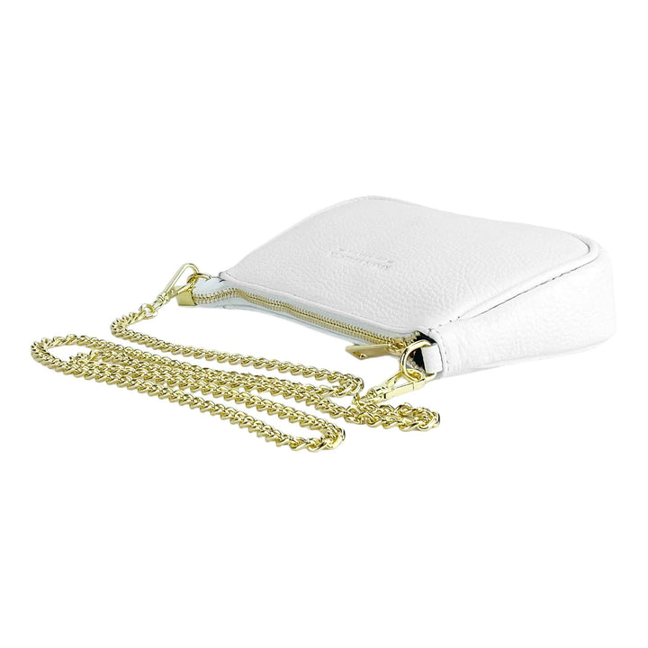 RB1022W | Small bag in genuine leather Made in Italy with removable chain shoulder strap. Zipper closure and accessories in shiny gold metal - White color - Dimensions: 20 x 12 x 6 cm-3