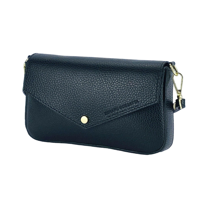 RB1023A | Small Shoulder Bag with Removable Chain Shoulder Strap in Genuine Leather Made in Italy. Closing flap. Polished Gold metal accessories - Black color - Dimensions: 22 x 12 x 3 cm-0