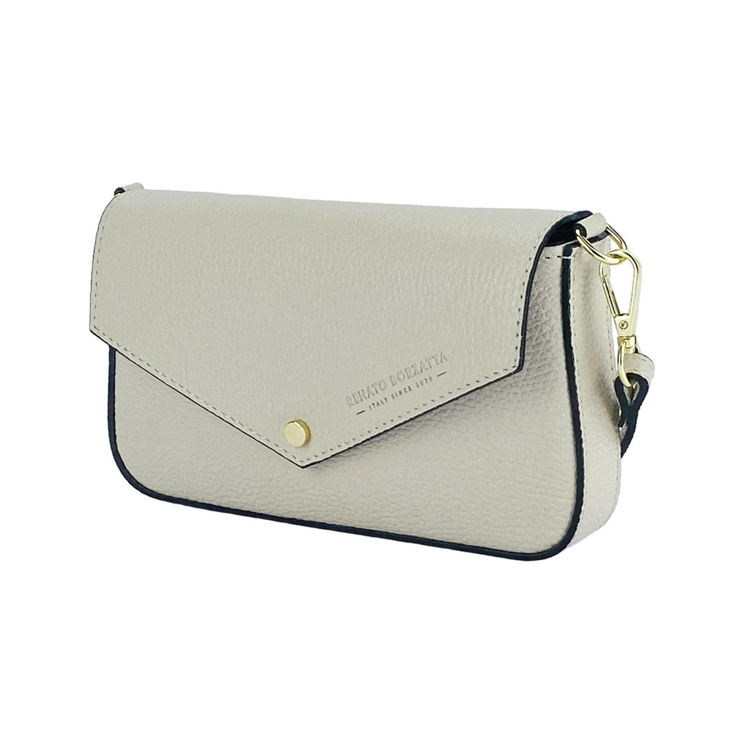RB1023AB | Small Shoulder Bag with Removable Chain Shoulder Strap in Genuine Leather Made in Italy. Closing flap. Polished Gold metal accessories - Ivory color - Dimensions: 22 x 12 x 3 cm-0