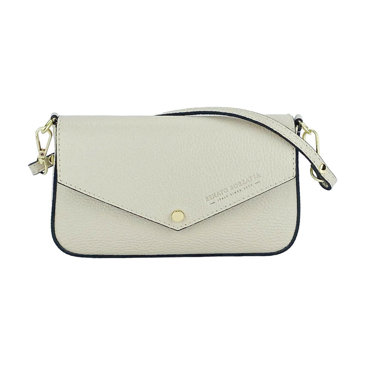 RB1023AB | Small Shoulder Bag with Removable Chain Shoulder Strap in Genuine Leather Made in Italy. Closing flap. Polished Gold metal accessories - Ivory color - Dimensions: 22 x 12 x 3 cm-1