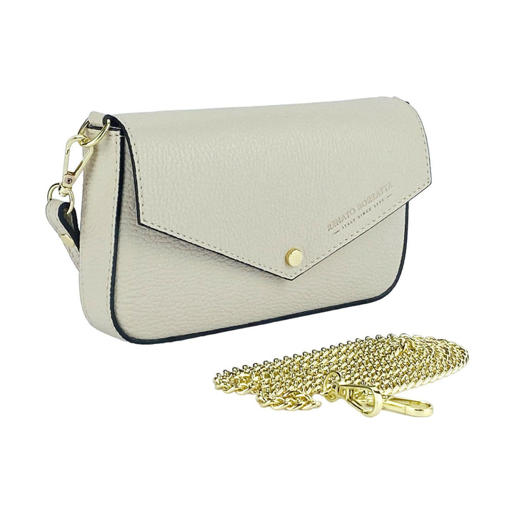 RB1023AB | Small Shoulder Bag with Removable Chain Shoulder Strap in Genuine Leather Made in Italy. Closing flap. Polished Gold metal accessories - Ivory color - Dimensions: 22 x 12 x 3 cm-2