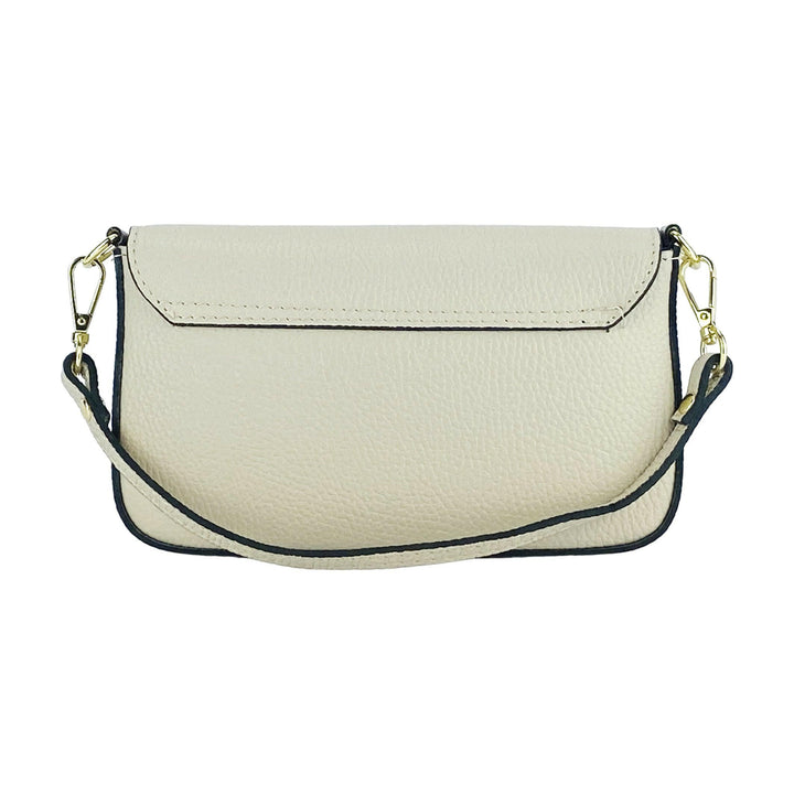 RB1023AB | Small Shoulder Bag with Removable Chain Shoulder Strap in Genuine Leather Made in Italy. Closing flap. Polished Gold metal accessories - Ivory color - Dimensions: 22 x 12 x 3 cm-4
