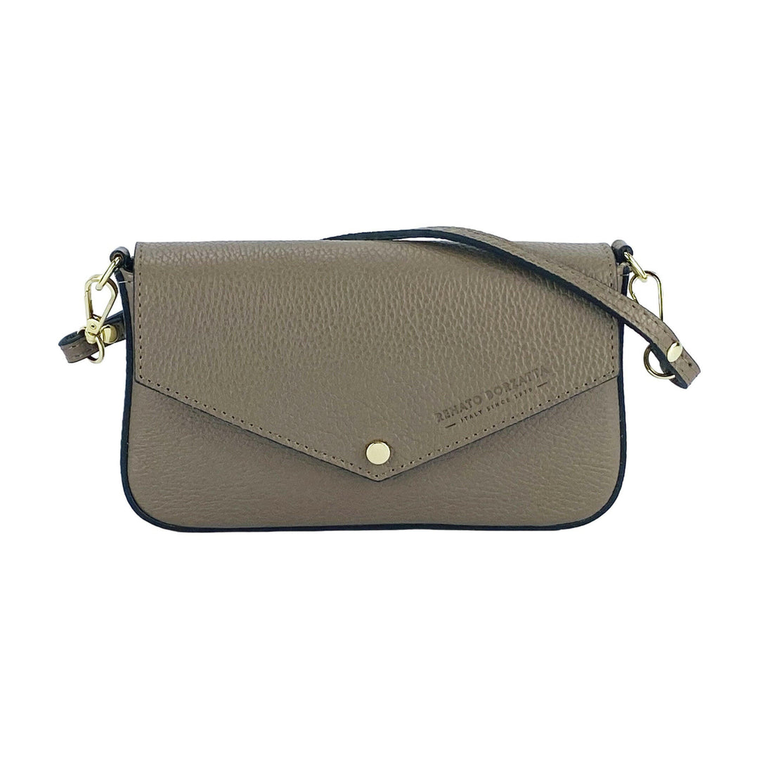 RB1023AQ | Small Shoulder Bag with Removable Chain Shoulder Strap in Genuine Leather Made in Italy. Closing flap. Shiny Gold metal accessories - Taupe color - Dimensions: 22 x 12 x 3 cm-1