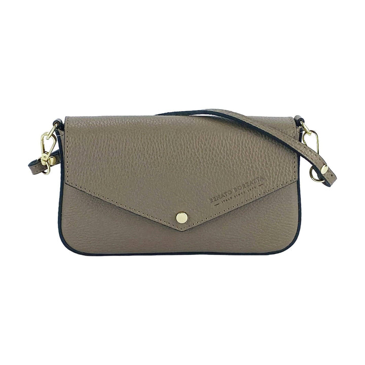 RB1023AQ | Small Shoulder Bag with Removable Chain Shoulder Strap in Genuine Leather Made in Italy. Closing flap. Shiny Gold metal accessories - Taupe color - Dimensions: 22 x 12 x 3 cm-Shangri-La Fashion