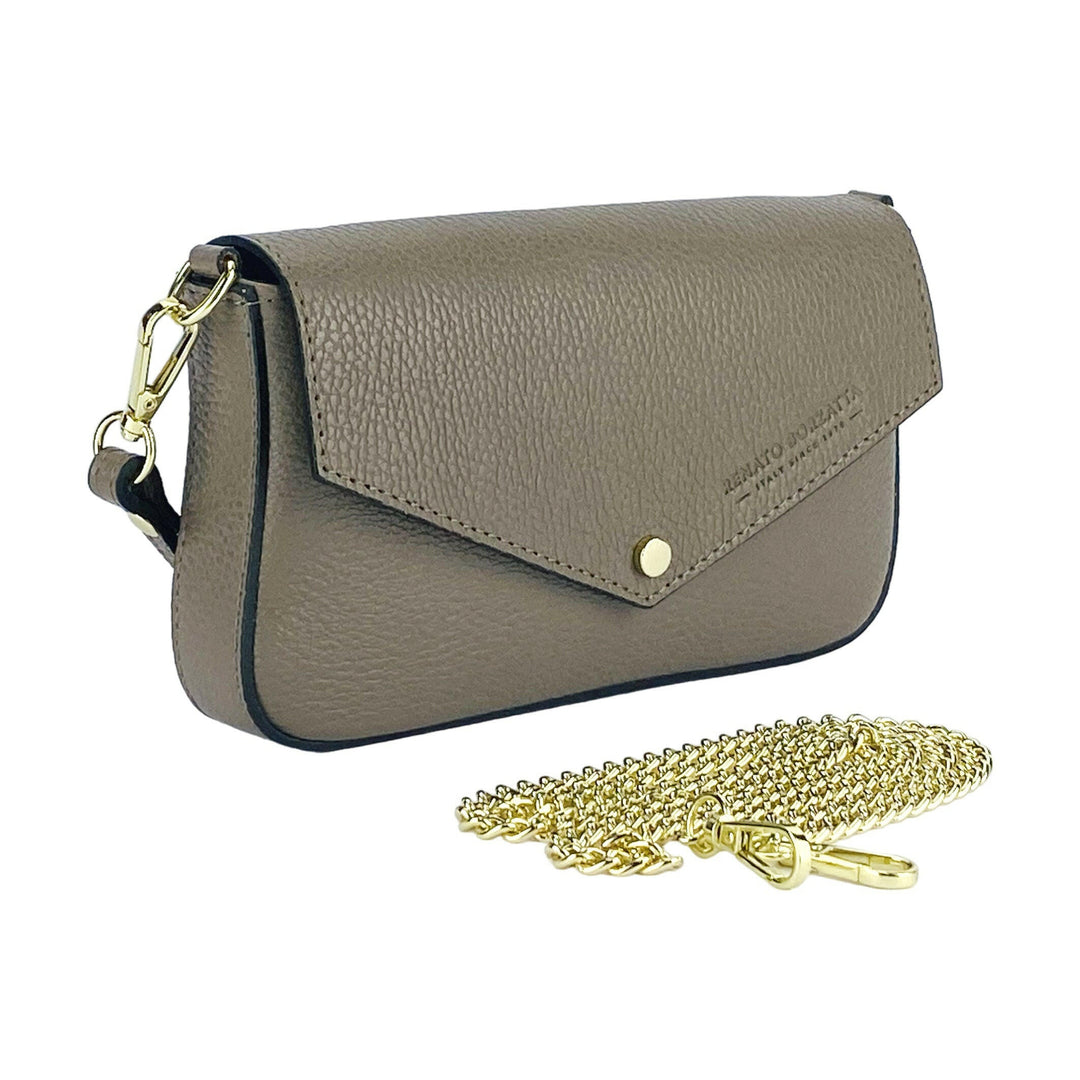 RB1023AQ | Small Shoulder Bag with Removable Chain Shoulder Strap in Genuine Leather Made in Italy. Closing flap. Shiny Gold metal accessories - Taupe color - Dimensions: 22 x 12 x 3 cm-2