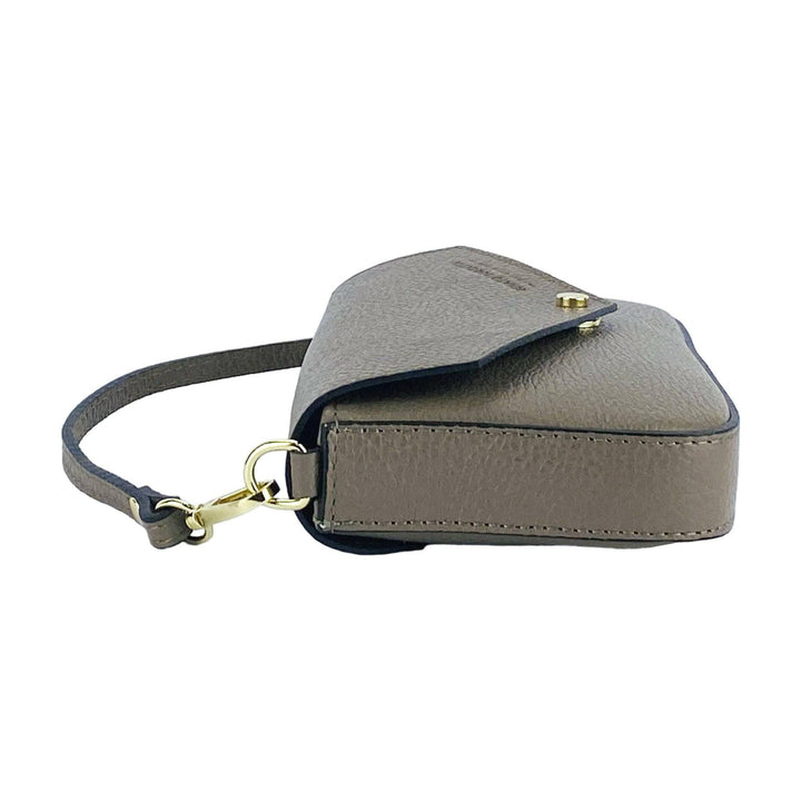 RB1023AQ | Small Shoulder Bag with Removable Chain Shoulder Strap in Genuine Leather Made in Italy. Closing flap. Shiny Gold metal accessories - Taupe color - Dimensions: 22 x 12 x 3 cm-Shangri-La Fashion