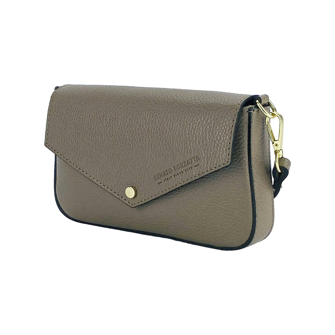 RB1023AQ | Small Shoulder Bag with Removable Chain Shoulder Strap in Genuine Leather Made in Italy. Closing flap. Shiny Gold metal accessories - Taupe color - Dimensions: 22 x 12 x 3 cm-Shangri-La Fashion