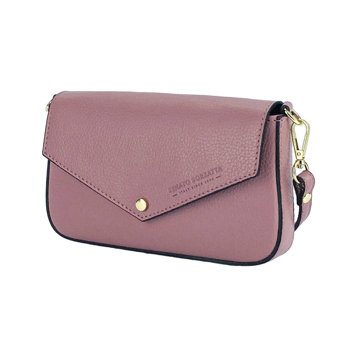 RB1023AZ | Small Shoulder Bag with Removable Chain Shoulder Strap in Genuine Leather Made in Italy. Closing flap. Shiny Gold metal accessories - Antique Pink color - Dimensions: 22 x 12 x 3 cm-Shangri-La Fashion