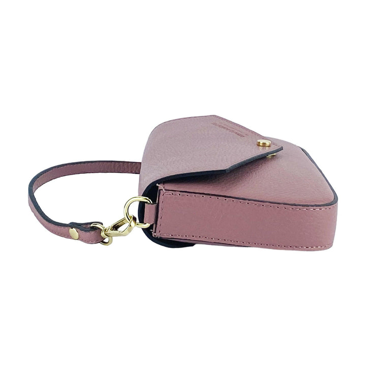 RB1023AZ | Small Shoulder Bag with Removable Chain Shoulder Strap in Genuine Leather Made in Italy. Closing flap. Shiny Gold metal accessories - Antique Pink color - Dimensions: 22 x 12 x 3 cm-3