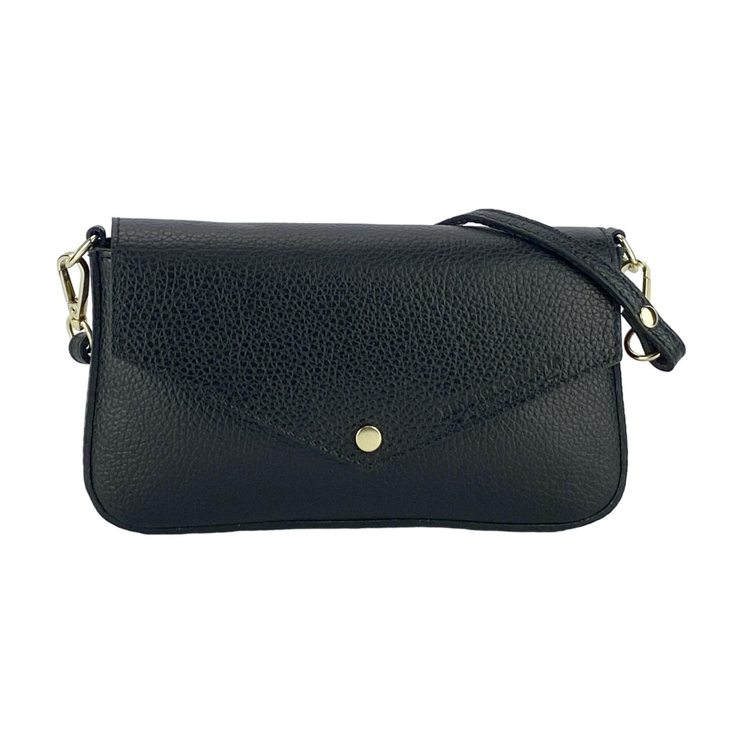 RB1023A | Small Shoulder Bag with Removable Chain Shoulder Strap in Genuine Leather Made in Italy. Closing flap. Polished Gold metal accessories - Black color - Dimensions: 22 x 12 x 3 cm-1