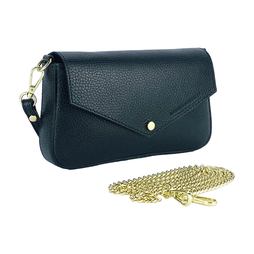 RB1023A | Small Shoulder Bag with Removable Chain Shoulder Strap in Genuine Leather Made in Italy. Closing flap. Polished Gold metal accessories - Black color - Dimensions: 22 x 12 x 3 cm-2