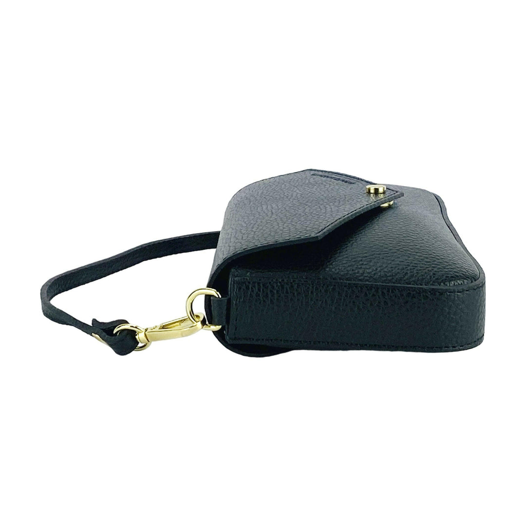 RB1023A | Small Shoulder Bag with Removable Chain Shoulder Strap in Genuine Leather Made in Italy. Closing flap. Polished Gold metal accessories - Black color - Dimensions: 22 x 12 x 3 cm-3