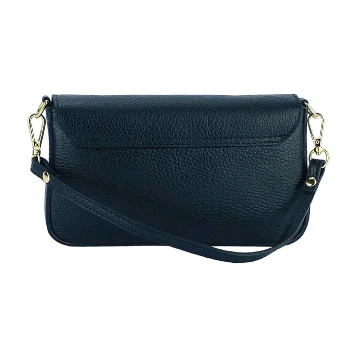 RB1023A | Small Shoulder Bag with Removable Chain Shoulder Strap in Genuine Leather Made in Italy. Closing flap. Polished Gold metal accessories - Black color - Dimensions: 22 x 12 x 3 cm-4