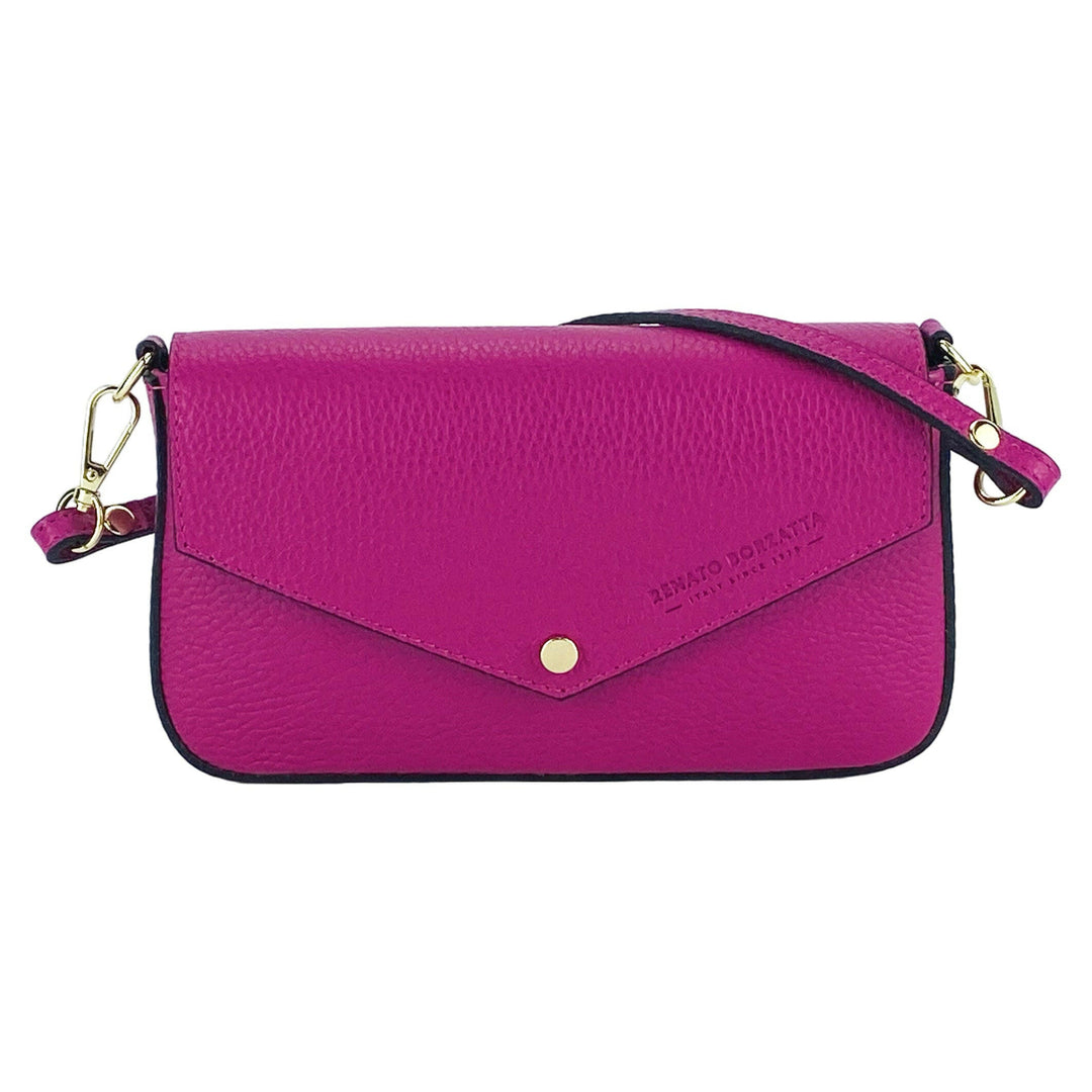 RB1023BE | Small Shoulder Bag with Removable Chain Shoulder Strap in Genuine Leather Made in Italy. Closing flap. Shiny Gold metal accessories - Fuxia color - Dimensions: 22 x 12 x 3 cm-1