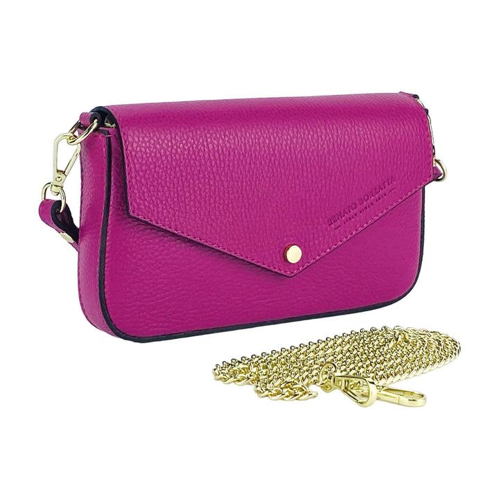 RB1023BE | Small Shoulder Bag with Removable Chain Shoulder Strap in Genuine Leather Made in Italy. Closing flap. Shiny Gold metal accessories - Fuxia color - Dimensions: 22 x 12 x 3 cm-2