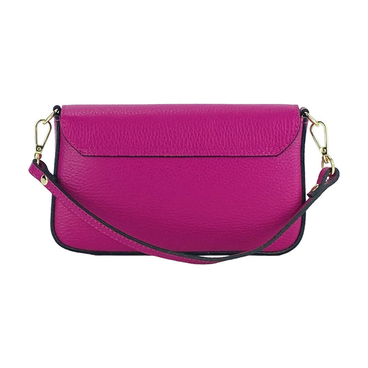 RB1023BE | Small Shoulder Bag with Removable Chain Shoulder Strap in Genuine Leather Made in Italy. Closing flap. Shiny Gold metal accessories - Fuxia color - Dimensions: 22 x 12 x 3 cm-4