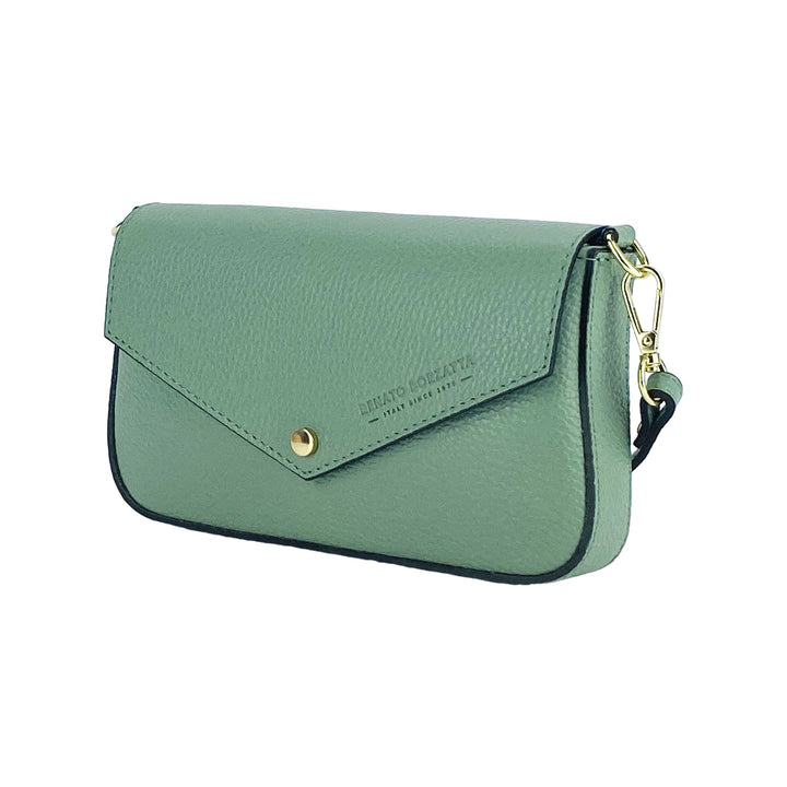 RB1023BF | Small Shoulder Bag with Removable Chain Shoulder Strap in Genuine Leather Made in Italy. Closing flap. Shiny Gold metal accessories - Mint color - Dimensions: 22 x 12 x 3 cm-0