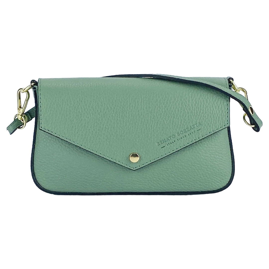 RB1023BF | Small Shoulder Bag with Removable Chain Shoulder Strap in Genuine Leather Made in Italy. Closing flap. Shiny Gold metal accessories - Mint color - Dimensions: 22 x 12 x 3 cm-1