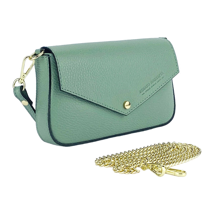 RB1023BF | Small Shoulder Bag with Removable Chain Shoulder Strap in Genuine Leather Made in Italy. Closing flap. Shiny Gold metal accessories - Mint color - Dimensions: 22 x 12 x 3 cm-2