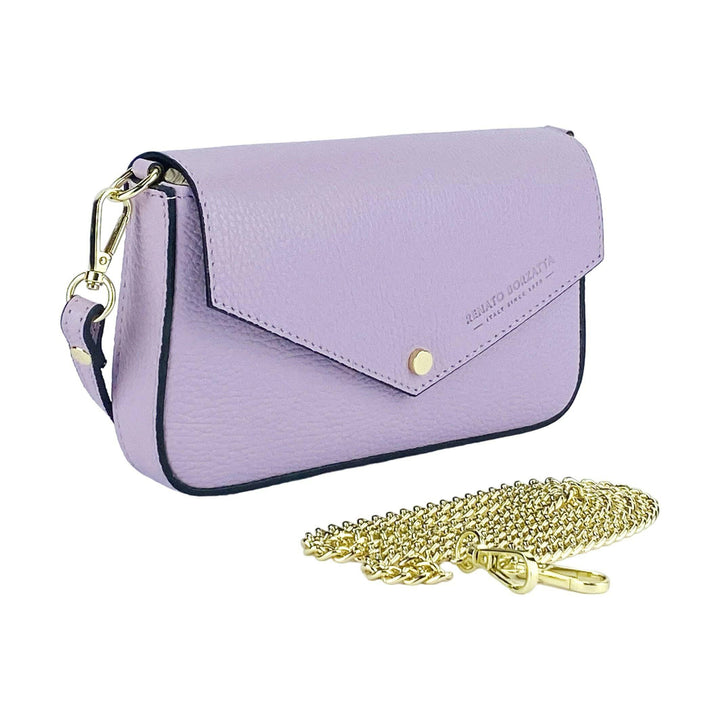 RB1023CI | Small Shoulder Bag with Removable Chain Shoulder Strap in Genuine Leather Made in Italy. Closing flap. Polished Gold metal accessories - Lilac color - Dimensions: 22 x 12 x 3 cm-Shangri-La Fashion