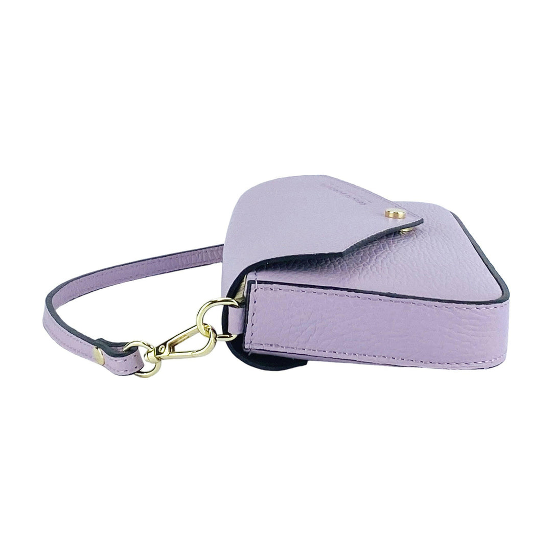 RB1023CI | Small Shoulder Bag with Removable Chain Shoulder Strap in Genuine Leather Made in Italy. Closing flap. Polished Gold metal accessories - Lilac color - Dimensions: 22 x 12 x 3 cm-3