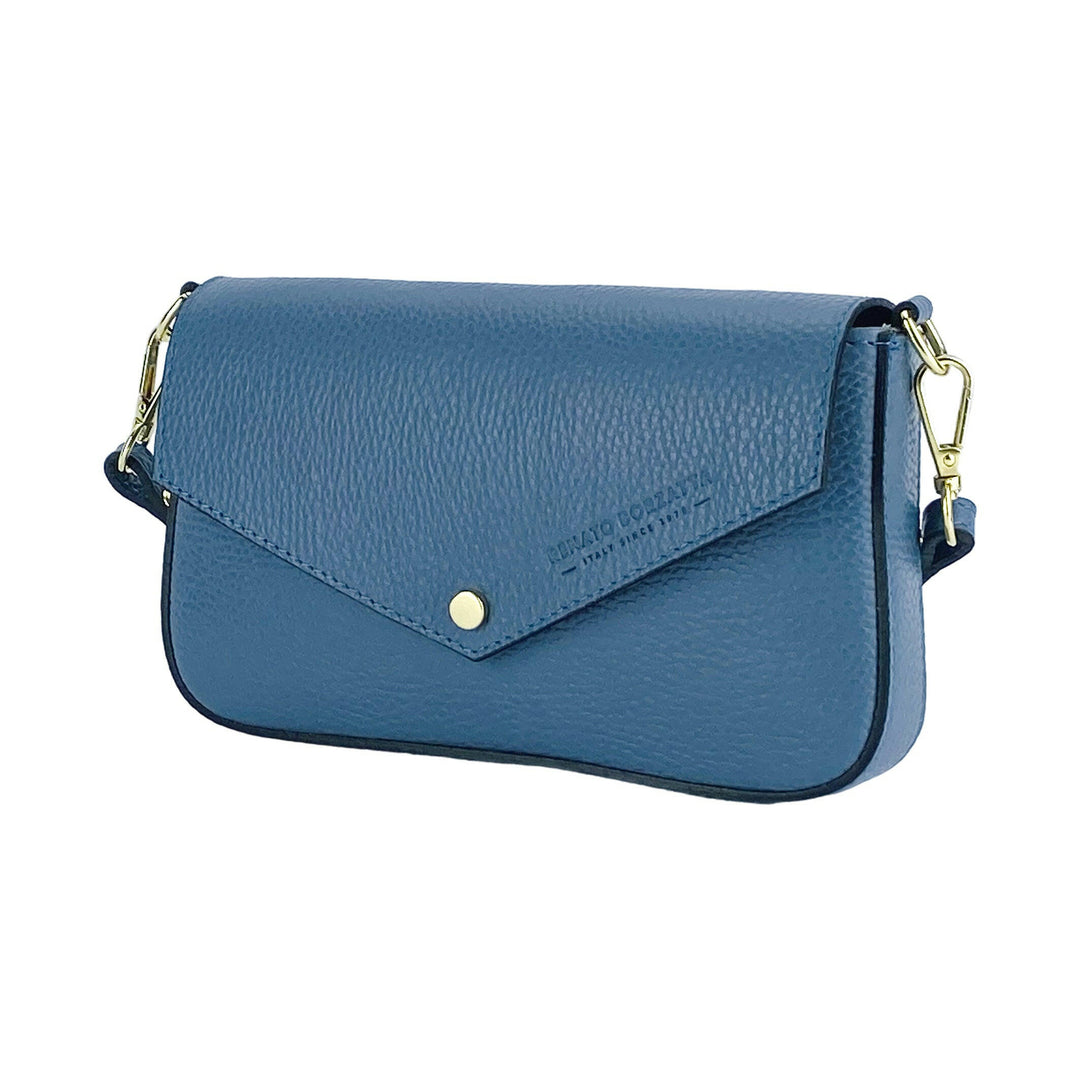 RB1023P | Small Shoulder Bag with Removable Chain Shoulder Strap in Genuine Leather Made in Italy. Closing flap. Polished gold metal accessories - Air force blue color - Dimensions: 22 x 12 x 3 cm-0