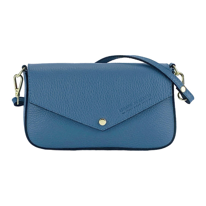 RB1023P | Small Shoulder Bag with Removable Chain Shoulder Strap in Genuine Leather Made in Italy. Closing flap. Polished gold metal accessories - Air force blue color - Dimensions: 22 x 12 x 3 cm-1