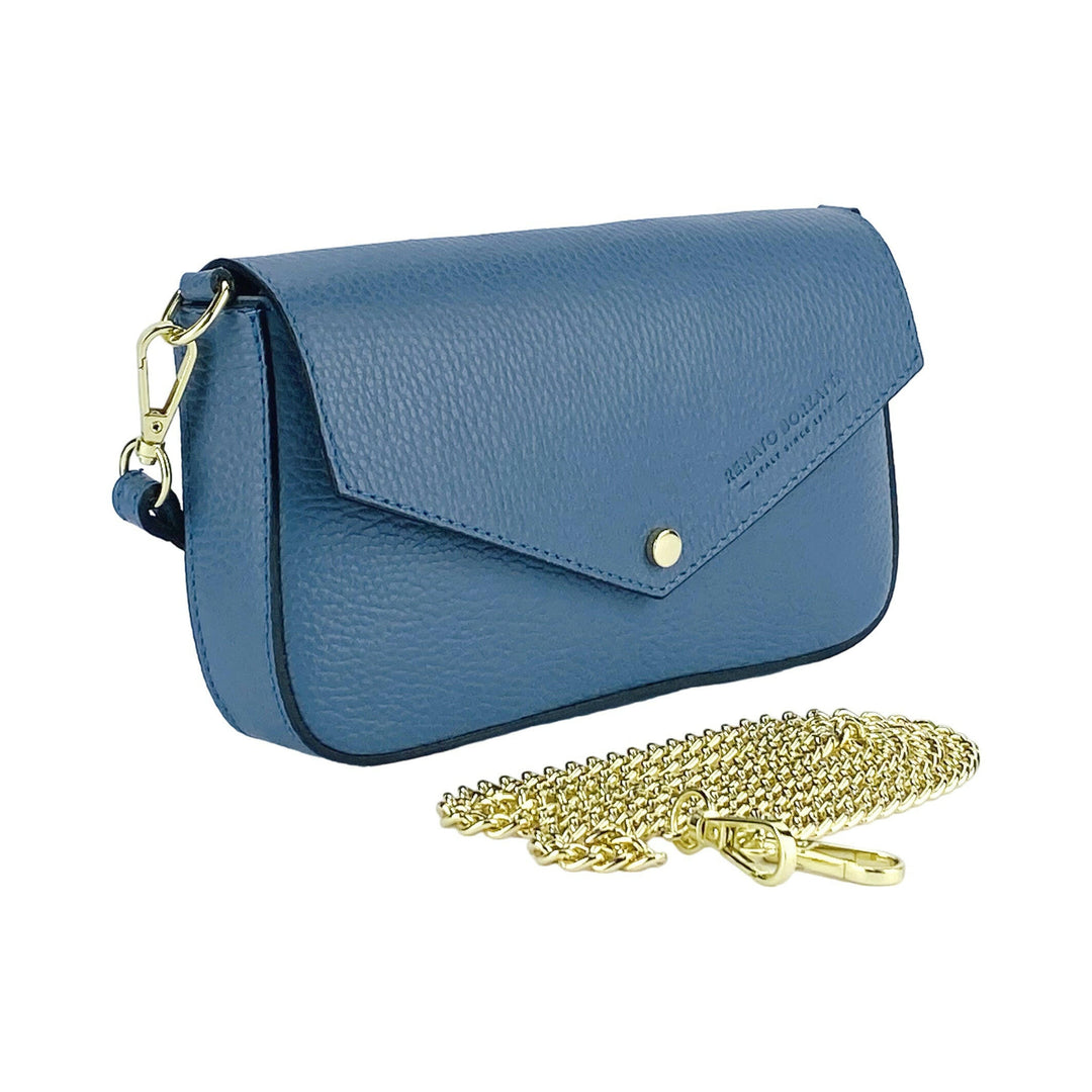 RB1023P | Small Shoulder Bag with Removable Chain Shoulder Strap in Genuine Leather Made in Italy. Closing flap. Polished gold metal accessories - Air force blue color - Dimensions: 22 x 12 x 3 cm-2