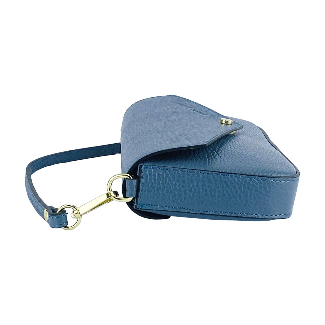 RB1023P | Small Shoulder Bag with Removable Chain Shoulder Strap in Genuine Leather Made in Italy. Closing flap. Polished gold metal accessories - Air force blue color - Dimensions: 22 x 12 x 3 cm-3