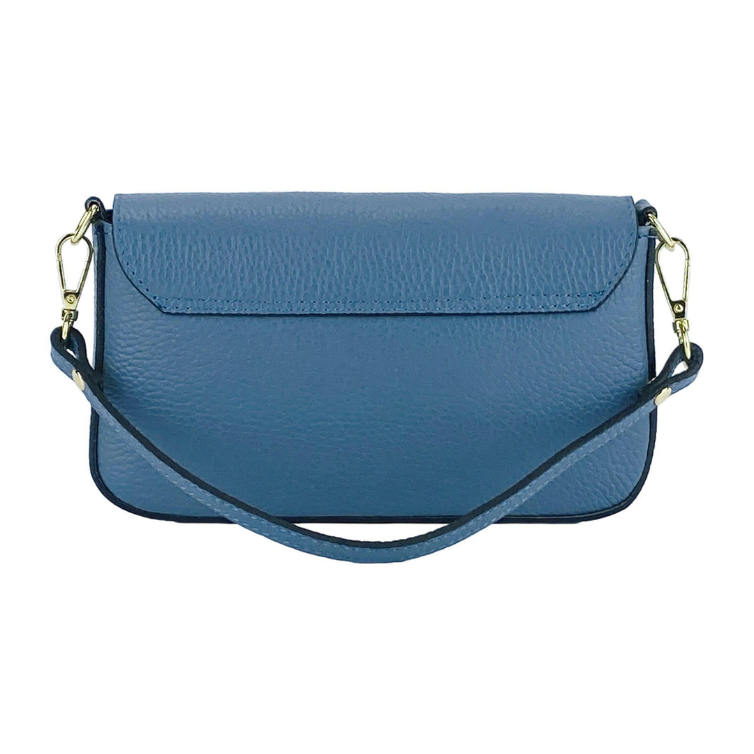 RB1023P | Small Shoulder Bag with Removable Chain Shoulder Strap in Genuine Leather Made in Italy. Closing flap. Polished gold metal accessories - Air force blue color - Dimensions: 22 x 12 x 3 cm-4