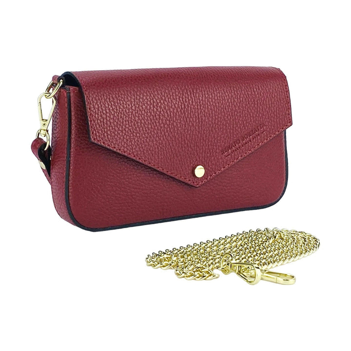 RB1023V | Small Shoulder Bag with Removable Chain Shoulder Strap in Genuine Leather Made in Italy. Closing flap. Polished Gold metal accessories - Red color - Dimensions: 22 x 12 x 3 cm-Shangri-La Fashion