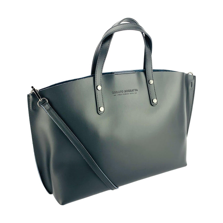 RB1024A | Women's handbag in genuine leather Made in Italy with removable shoulder strap. Large internal removable bag. Polished gunmetal accessories - Black color - Dimensions: 48x31x11 cm-0