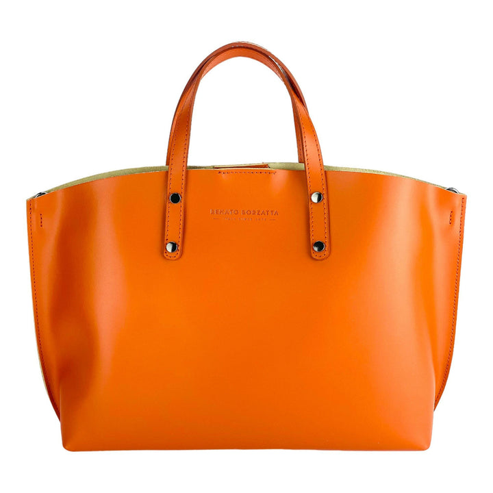 RB1024AM | Women's handbag in genuine leather Made in Italy with removable shoulder strap. Large internal removable bag. Accessories Shiny Gunmetal - Paprika color - Dimensions: 48x31x11 cm-1