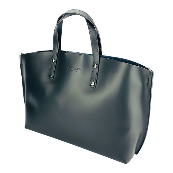 RB1024A | Women's handbag in genuine leather Made in Italy with removable shoulder strap. Large internal removable bag. Polished gunmetal accessories - Black color - Dimensions: 48x31x11 cm-2