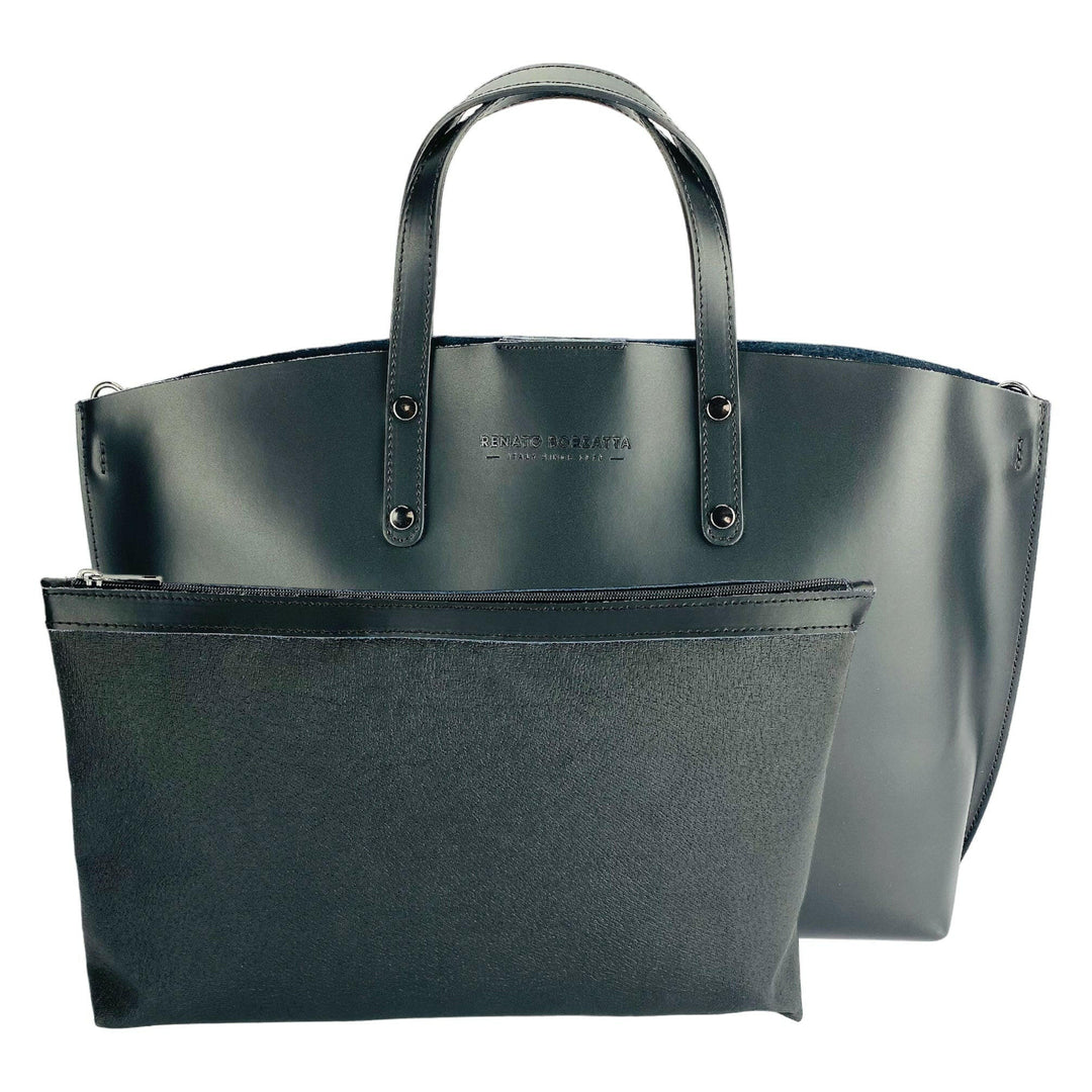 RB1024A | Women's handbag in genuine leather Made in Italy with removable shoulder strap. Large internal removable bag. Polished gunmetal accessories - Black color - Dimensions: 48x31x11 cm-5